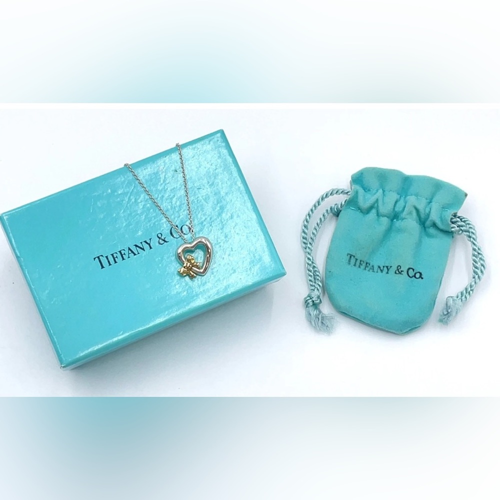 Tiffany & Co. Silver and Gold Ribbon Heart Necklace Box and dust bag